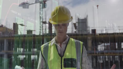 Animation-of-statistics-processing-over-female-architect-holding-plans-at-construction-site