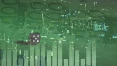 Animation-of-financial-data-processing-over-dice-and-euro-currency-bills-on-green-background