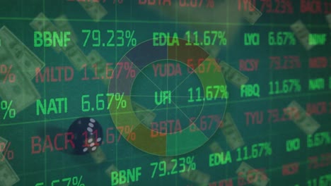 Animation-Der-Finanzdatenverarbeitung-über-Würfel-Und-Amerikanische-Dollarnoten-Auf-Grünem-Hintergrund