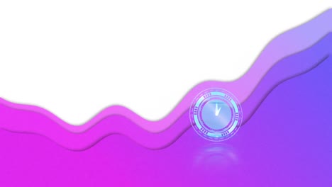 Animation-of-clock-moving-fast-and-purple-wave-on-white-background