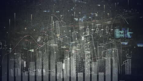 Animation-Von-Statistiken-Mit-Datenverarbeitung-über-Dem-Stadtbild