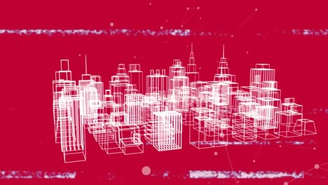 Animation-Eines-Netzwerks-Von-Verbindungen-über-Einer-3D-Stadtbildzeichnung-Mit-Glitch