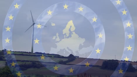 Animación-Del-Mapa-De-Europa-Con-Las-Estrellas-De-La-Bandera-De-La-Unión-Europea-Girando-Sobre-Turbinas-Eólicas-Giratorias