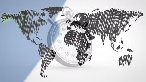 Animation-of-world-map-and-stopwatch-on-white-background