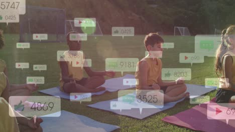 Animation-of-social-media-icons-with-numbers-over-children-practicing-yoga-in-park