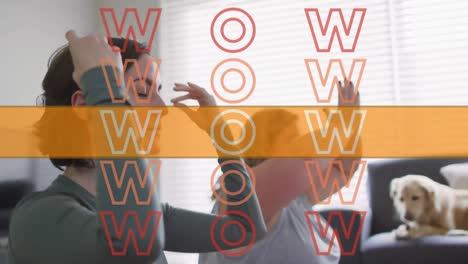 Animation-of-wow-text-orange-over-two-caucasian-women-doing-yoga-at-home