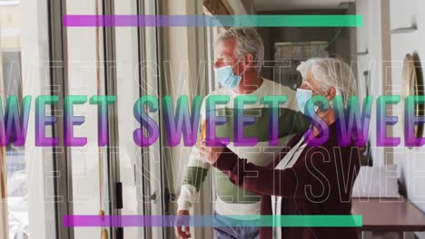 Animation-of-sweet-text-in-purple-over-caucasian-senior-couple-in-face-masks-waving-from-window