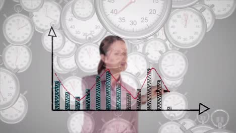 Animation-of-statistics-with-businesswoman-and-stopwatches