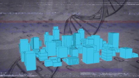 Animation-of-dna-strand-spinning-with-binary-coding-over-3d-cityscape-drawing
