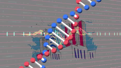 Animation-of-dna-strand-spinning-and-data-processing-over-cityscape