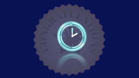 Animation-of-clock-moving-fast-over-congratulations-badge-on-blue-background