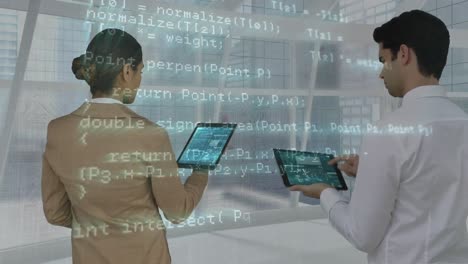 Animation-of-data-processing-over-businessman-and-businesswoman-using-tablets