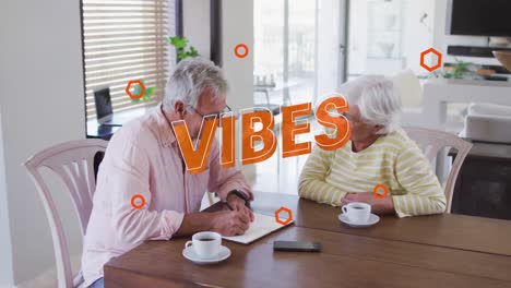 Animation-of-vibes-text-in-orange-over-happy-senior-caucasian-couple-with-coffee-talking-at-home