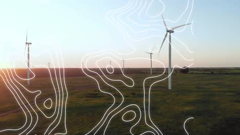 Animation-of-white-map-lines-over-wind-turbines-in-countryside