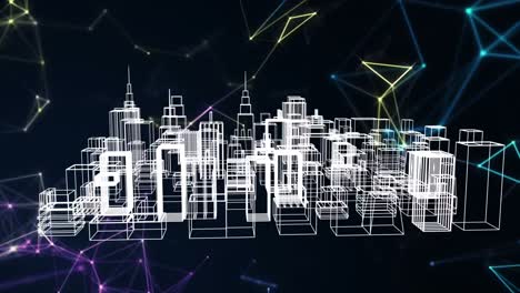 Animation-of-network-of-connections-over-3d-cityscape-drawing