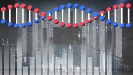 Animation-of-dna-strand-spinning,-statistics-and-data-processing-over-cityscape