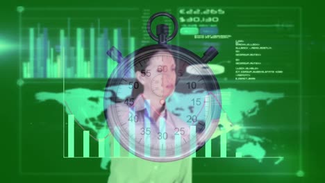 Animation-of-statistics-with-businesswoman-and-stopwatch