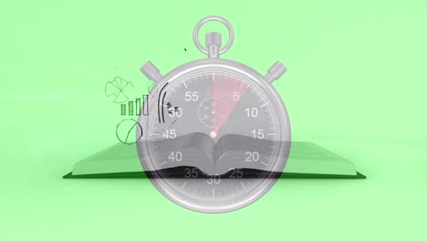 Animation-Von-Symbolen-Mit-Buch-Und-Stoppuhr-Auf-Grünem-Hintergrund