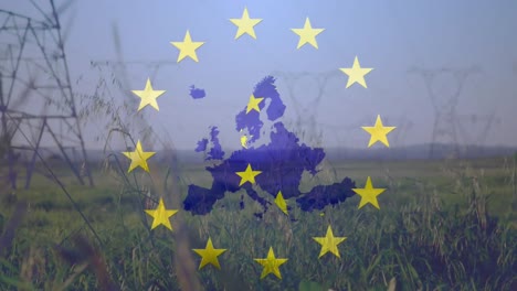 Animación-De-Estrellas-Giratorias-De-La-Bandera-De-La-Unión-Europea-Y-Mapa-De-Europa-Sobre-Torres-De-Alta-Tensión