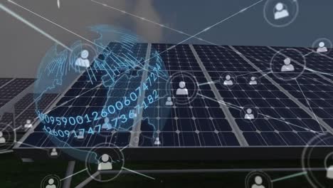 Animation-of-globe-with-numbers-and-network-and-people-icons-over-solar-panels