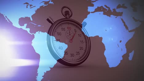 Animation-of-world-map-with-glowing-lights-and-stopwatch