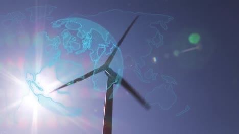Animation-of-globe-over-wind-turbine-against-sun-and-blue-sky