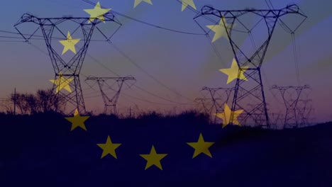 Animation-of-european-union-flag-over-electricity-pylons-in-field-at-sunset