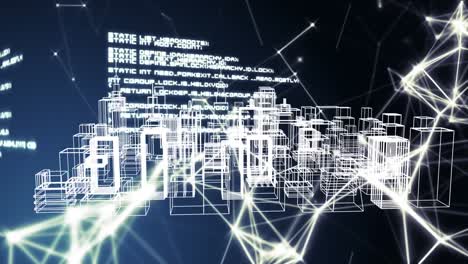 Animation-of-data-processing-and-network-of-connections-over-3d-cityscape-drawing