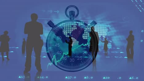 Animation-of-silhouettes-of-business-people-with-data-processing-and-stopwatch