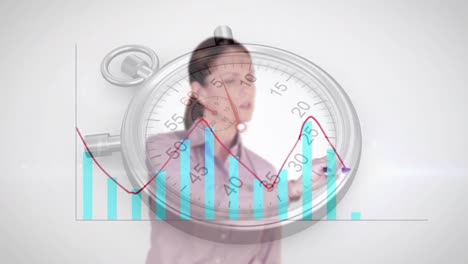 Animation-of-statistics-with-businesswoman-and-stopwatch