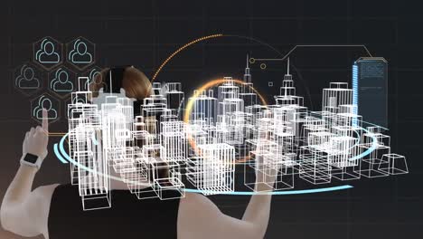 Animation-of-network-of-connections-with-icons-over-woman-wearing-vr-headset-rover-3d-cityscape