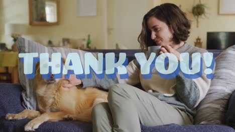 Animation-of-thank-you-text-in-blue-over-happy-caucasian-woman-on-couch-with-pet-dog