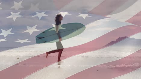 Animation-of-flag-of-united-states-of-america-over-happy-woman-with-surfboard-on-beach