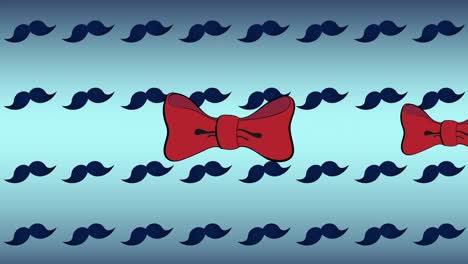 Animation-of-red-bowties-over-repeated-moustaches-on-blue-background