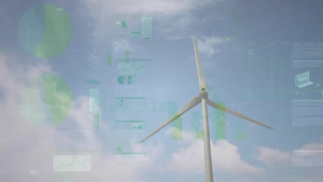 Animation-of-statistics-processing-over-wind-turbine-and-clouds