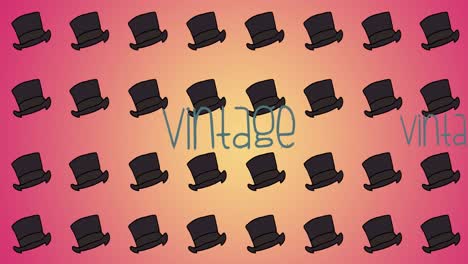 Animation-of-vintage-text-in-blue-over-repeated-top-hats-on-orange-background