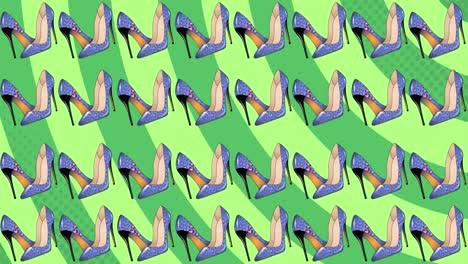 Animation-of-blue-high-heeled-shoes-repeated-and-moving-over-radial-green-striped-background