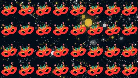 Animation-of-red-masquerade-masks-repeated-over-glowing-light-spots-on-black-background