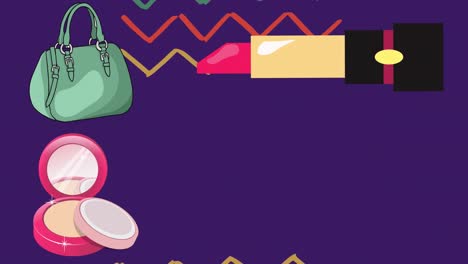 Animation-Einer-Blauen-Handtasche,-Lippenstift-Und-Make-up-Kompaktdose-über-Chevrons-Auf-Violettem-Hintergrund