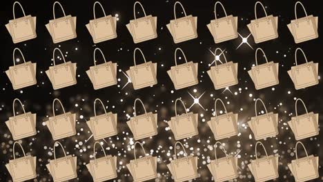 Animation-of-beige-tote-handbags-repeated-over-white-spotlights-on-black-background