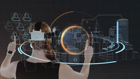 Animation-of-data-processing-and-woman-wearing-vr-headset-over-3d-cityscape-drawing