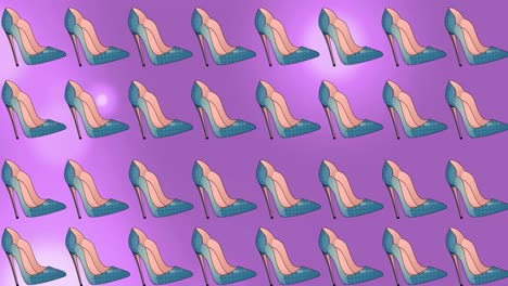 Animation-of-blue-high-heeled-shoes-repeated-and-moving-on-purple-background