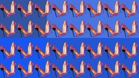 Animation-of-pink-patterned-high-heeled-shoes-repeated-and-moving-on-abstract-blue-background