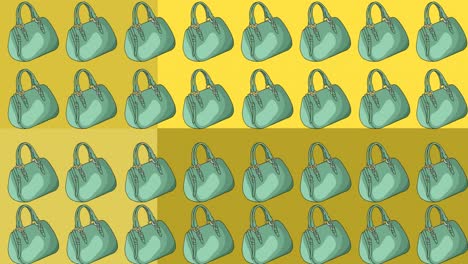 Animation-of-blue-handbags-repeated-and-moving-on-yellow-and-purple-background