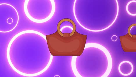 Animation-of-brown-tote-handbags-over-white-neon-rings-on-purple-background