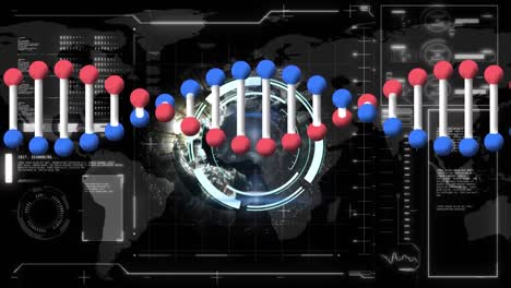 Animation-of-globe-and-dna-strand-spinning-with-data-processing-on-screen