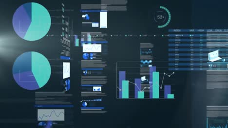 Animation-of-data-and-charts-over-black-background