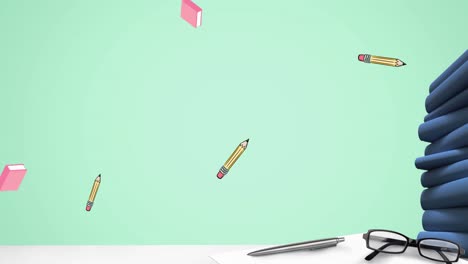 Animation-Von-Büroakten-Und-Bleistiften-Auf-Grünem-Hintergrund