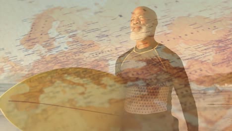 Animation-Eines-älteren-Afroamerikanischen-Männlichen-Surfers-Am-Strand-über-Der-Karte