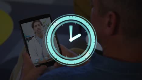 Animation-of-clock-moving-fast-over-man-on-tablet-video-call